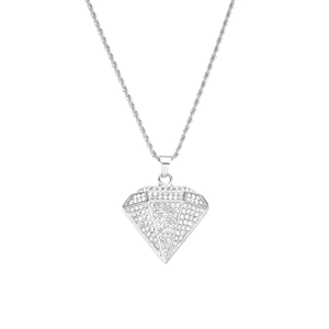 Iced out triangle diamond pendant necklace with silver rope chain in hip hop style