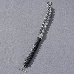 Bracelet punk pour homme avec perles noires mates, pierres de marbre et chaîne argent