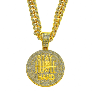 Men Hip Hop Pendant Necklace Alloy Rhinestone Inlaid Cuban Link Chain STAY HUMBLE HUSTLE HARD Round Medallion Necklace Jewelry