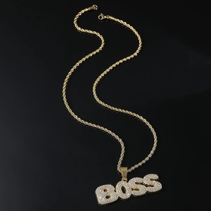 Hip Hop BOSS Letter Pendant Necklace Alloy Pave Rhinestone Stainless Steel Rope Chain For Men Streetwear Cool Jewelry Gift