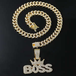 Iced out gold BOSS crown pendant necklace with Cuban chain for men hip hop style