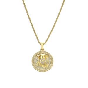 Men hip hop gold plated round Jesus portrait pendant necklace with sparkling zircons