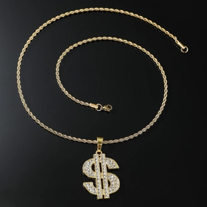Collana con ciondolo segno del dollaro dorato hip hop con cristalli e catena a spirale