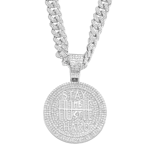 Iced out round hip hop pendant with Stay Humble Hustle Hard engraving and silver cuban chain