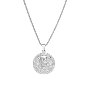 Hip hop silver-tone Jesus pendant necklace with shimmering rhinestones on a chain
