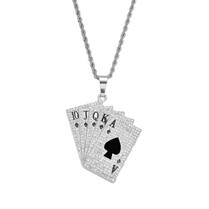 Hip-Hop Poker Anhänger Silber mit Kristallen und Royal Flush an einer Seilkette