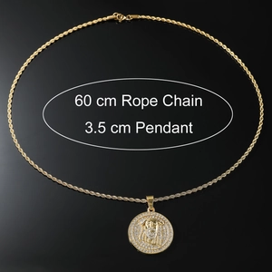 Detail of 60cm golden rope chain and 3.5cm iced out Jesus head pendant with clear zircons