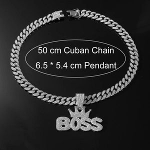 Hiphop silver Cuban chain necklace with iced out crown BOSS pendant 50cm long