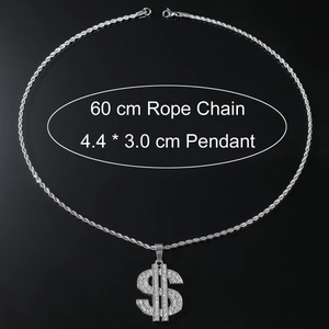 Collana con ciondolo segno del dollaro hip hop argento con cristalli e catena a fune