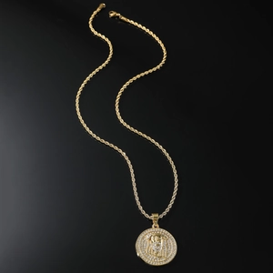 Hip hop gold plated Jesus head pendant with crystals on a twist rope chain for men