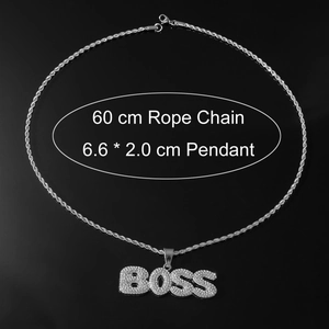Hip hop silver twisted chain necklace with iced-out BOSS pendant and 60cm length