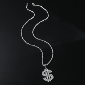 Dettaglio del ciondolo dollaro argento con cristalli incastonati e catena a corda fitta