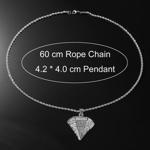 Hip hop silver rope chain necklace with a large iced out diamond shaped pendant