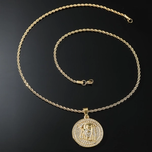 Gold iced out Jesus medallion necklace with sparkling crystals and rope chain