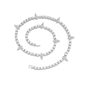 Hip-hop style silver tennis necklace with iced-out spikes and shimmering round-cut zircons