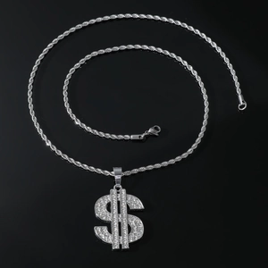 Collana hip hop con ciondolo segno del dollaro argentato con cristalli e catena a corda
