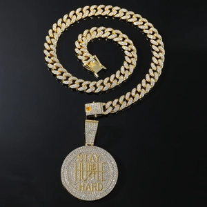 Hip hop gold plated Cuban link necklace with Stay Humble Hustle Hard iced out pendant