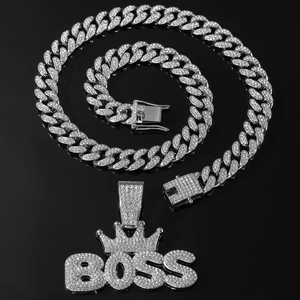 Silver iced-out Cuban chain necklace with crowned BOSS pendant and sparkling zircons