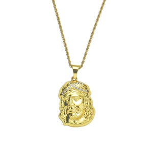 Collier Pendentif Tête de Jésus Hip Hop Plaqué Or Alliage de Zinc Acier Inoxydable Chaîne Corde Strass Bijoux Homme