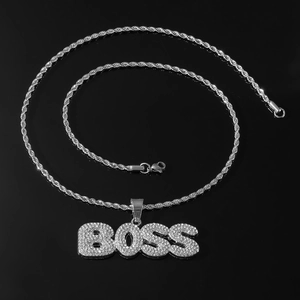 Hip-hop silver BOSS letter pendant necklace with iced-out crystals and rope chain for men