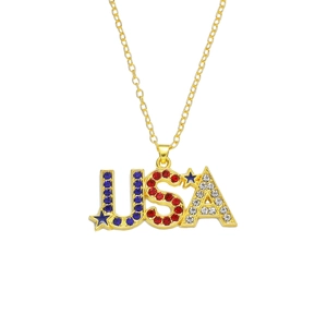 Collana con Ciondolo Lettera USA Hip Hop Uomo Placcato Oro Punk Gioielli con Strass Cristalli Patriottici Rosso Blu Bianco