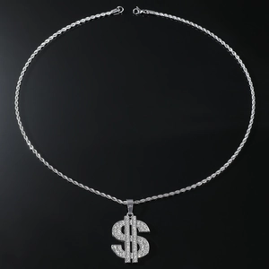 Dettaglio della catena a fune argento e ciondolo dollaro con zirconi in stile hip hop