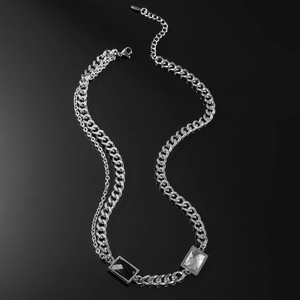 Collier Hip Hop en Acier Titane pour Hommes Femmes Pendentif Carré en Strass Noir Blanc Chaîne Gourmette Bijoux Cadeau