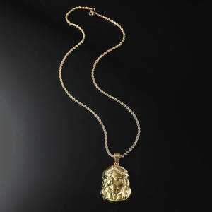 Collier pendentif tête de Jésus en or hip hop avec strass sur une chaîne de corde