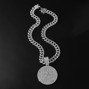 Silver iced-out hip hop necklace with STAY HUMBLE HUSTLE HARD slogan round pendant
