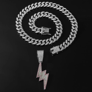 Hip hop silver Cuban chain with dual-color pink and white rhinestone lightning pendant