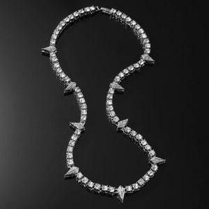 Hip hop silver cuban chain necklace with transparent zircon stones and spike charms