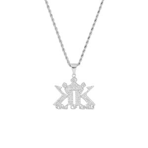 Hip-Hop Silberkrone Anhänger Kette mit Iced-Out King of Kings Schriftzug und Kordelkette