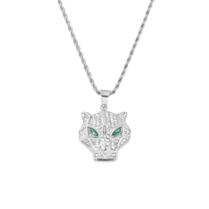 Hip-hop silver leopard head pendant with sparkling white stones and green eyes necklace