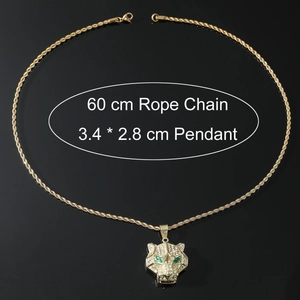 Detailed size view of iced-out leopard head pendant with green eyes on a 60cm rope chain