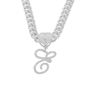 Silver-toned iced-out Cuban chain necklace with heart and large letter E pendant