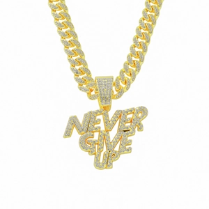 Golden Cuban link chain necklace with iced-out 'NEVER GIVE UP' letter pendant