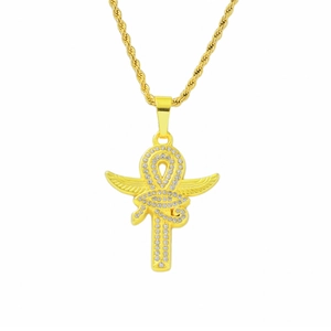 Hip Hop Ankh Cross Pendant Necklace Iced Out Rhinestone Egyptian Life Key Alloy Stainless Steel Rope Chain For Men Women
