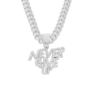 Hip hop silver Cuban link chain featuring iced out NEVER GIVE UP letter pendant