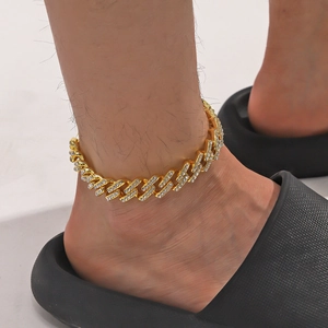 Bracelet de Cheville Hip Hop Maille Gourmette Losange Alliage de Zinc Strass Pavé Bijoux de Pied Or Argent Couleur