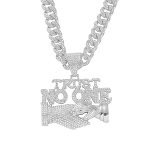 Hip-hop silver tone iced out Cuba link chain with Trust No One handshaking pendant