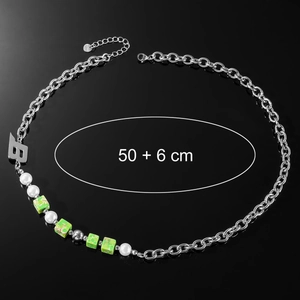 Collana hip hop con perline verdi e pendente lettera B, lunghezza regolabile 50+6cm