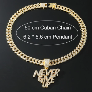 Detailed view showing dimensions 6.2x5.6cm for the Never Give Up iced out pendant