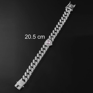 Iced-out silver Cuban link bracelet with a pink heart stone, length 20.5 cm, hip hop style