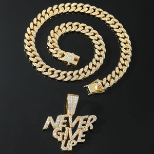 Gold plated hip hop Cuban chain with iced out NEVER GIVE UP letter pendant jewelry
