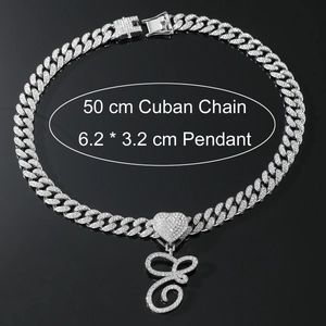 Silver iced-out cuban chain necklace with large G-letter pendant and shiny rhinestones