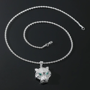 Hip hop silver leopard head pendant necklace with green eyes and white crystals