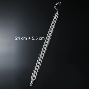 Bracelet de cheville maille cubaine en argent avec strass et chaîne d'extension 24cm plus 5.5cm