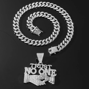 Hip-hop iced-out Cuban chain necklace with Trust No One letter pendant in silver finish