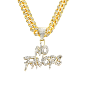 Hip Hop NO FAVORS Letter Pendant Necklace Zinc Alloy Iced Out Rhinestone Cuban Chain Personalized Punk Jewelry For Men Party