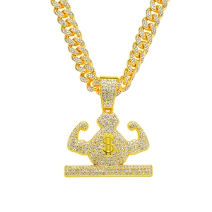 Hip hop iced out muscle money bag pendant necklace with gold plated cuban link chain